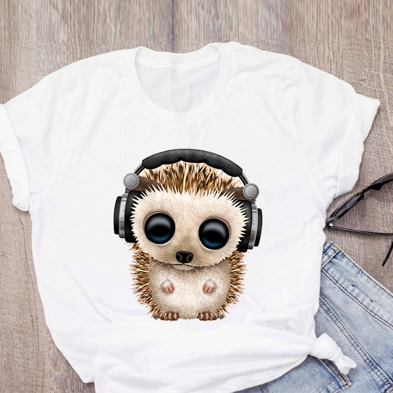 Cute Funny Hedgehog Cartoon Graphic Print Tshirt Women Summer Fashion Harajuku Lady T-Shirts Top Unisex Casual Short Sleeve
