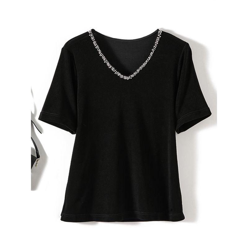 Stretch Cotton Yarn Makes You Look Top Slim! Lean Women Beads V-neck Short sleeve Pullover T-shirt Quality Summer Welfare