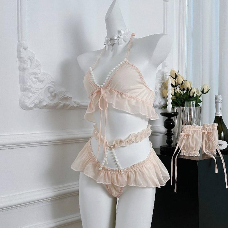 Sexy underwear Sexy breast pearl neck three-point lace uniform hip perspective cute woman