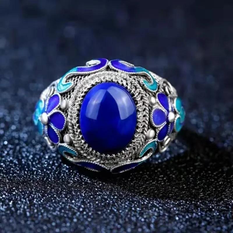 Klasické Nádherné Cloisonne Květina Modrý Lapis Lazuli Prsteny Pro Ženy Vintage Palácový Styl Smaltované Svatba   Šperky