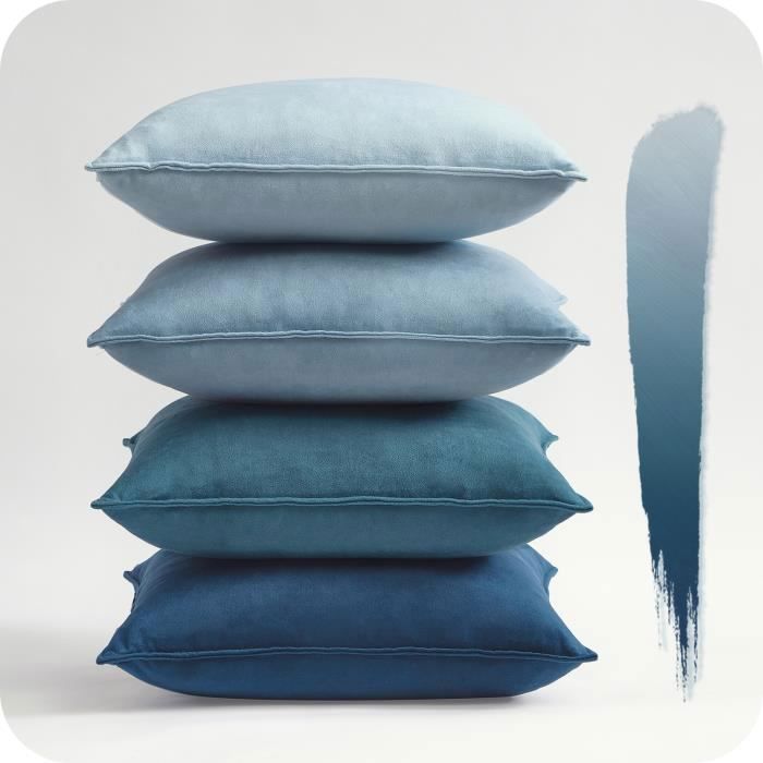 Housse de Coussin 40x40 cm TOPFINEL Décoration Salon Chambre Velours Doux Scandinave Double Face à Motif Uni Déco Lot de 4 Bleu