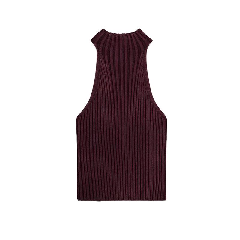 

Spring Vertical Hanging Collar Sleeveless Tops 3519028 Rib Knitting High Waist Straight Skirt 3519029 Dark red Tops L