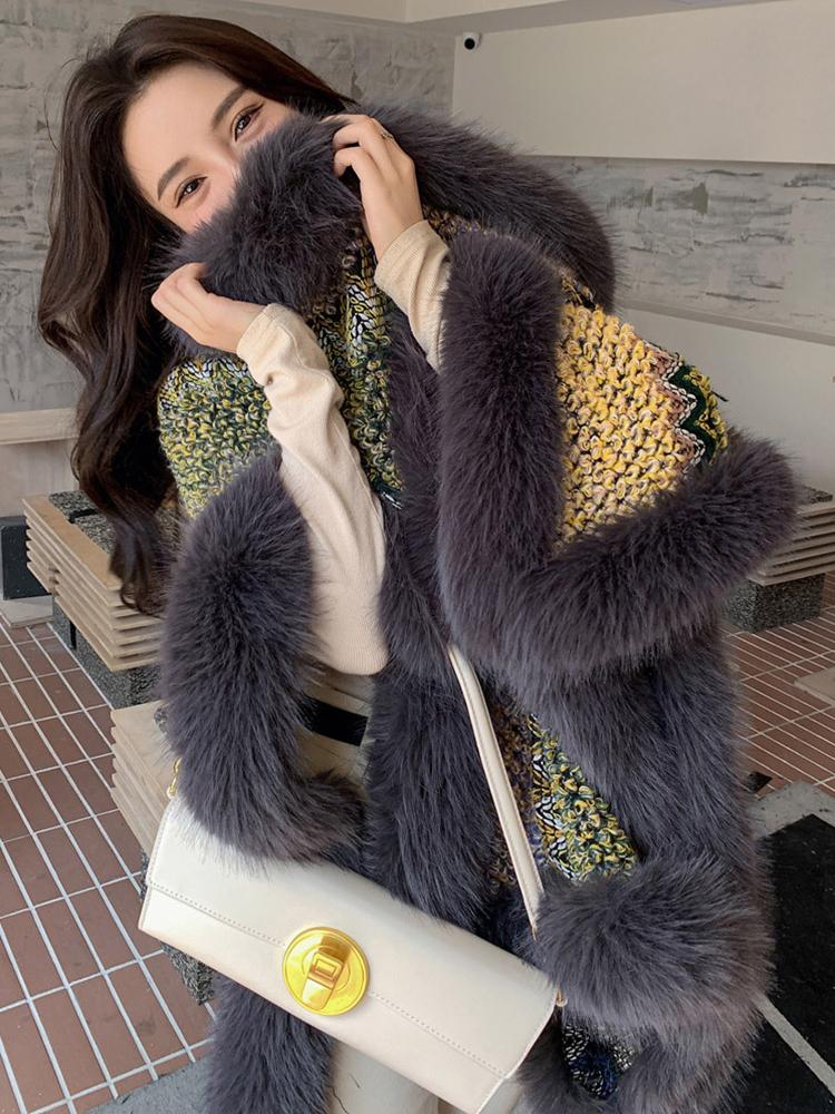 New Faux Fur Collar Imitation Cashmere Elegant Women Scarf Winter Striped Poncho Warm Thick Wrap Capa Para Mujer Pashmina Shawl