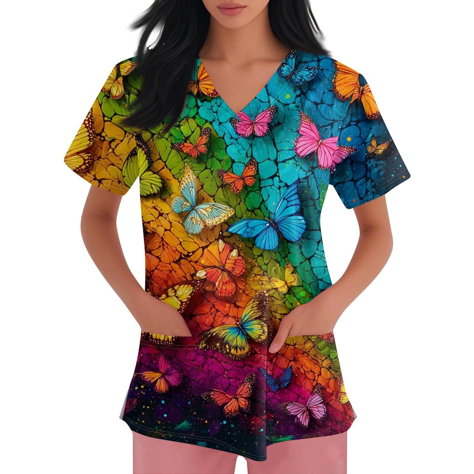 

Women s V-neck Printed Short-sleeved Work Clothes With Side-slit Pockets And Uniforms L синий