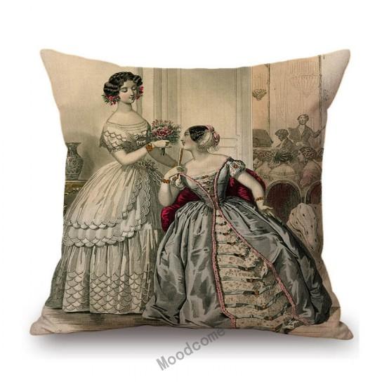 Antique Fashion Book Ettiquette Lady Dress European Costume Elegant Wear Cotton Linen Sofa Throw Pillow Case Chair Cushion Cover
