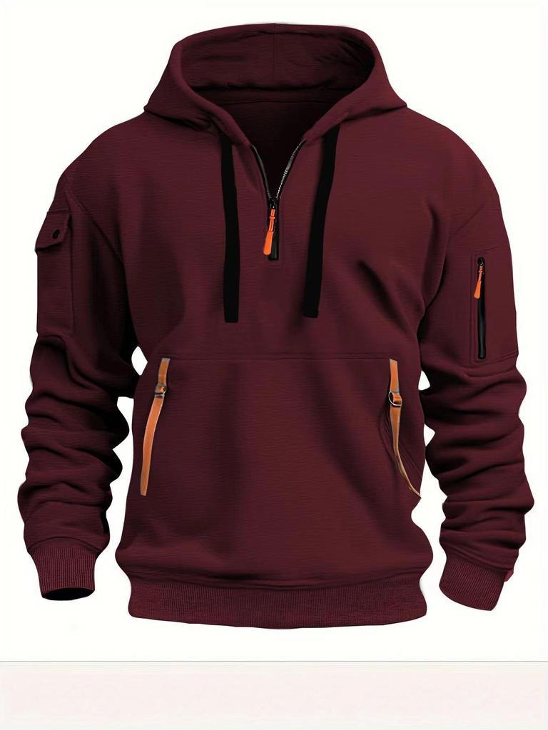 European Men's Fleece-Lined Hooded Jacket with Multi-Zipper Pockets for Autumn/Winter