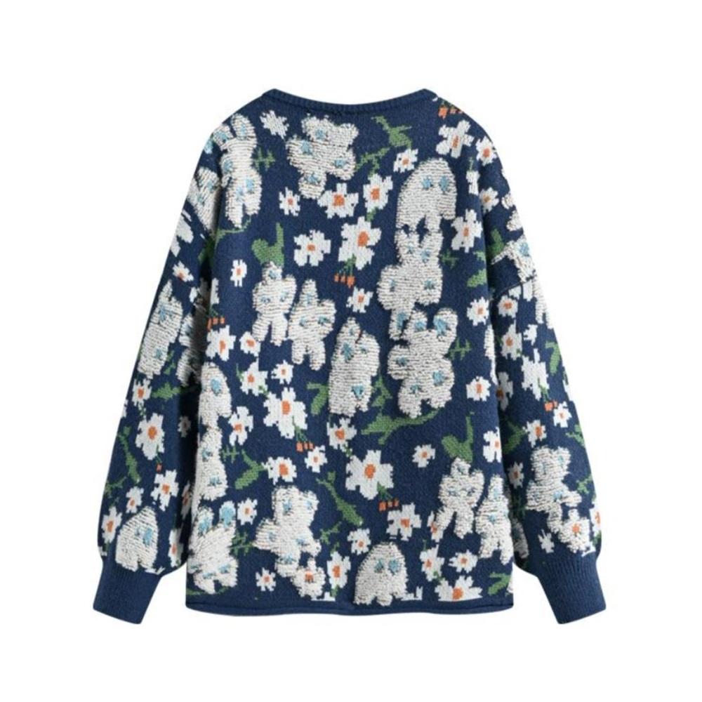 Sweaters Flower Coat Pink Cardigan Autumn Women Print O-Neck Bat Sweaters Knitting Loose Sweater Green