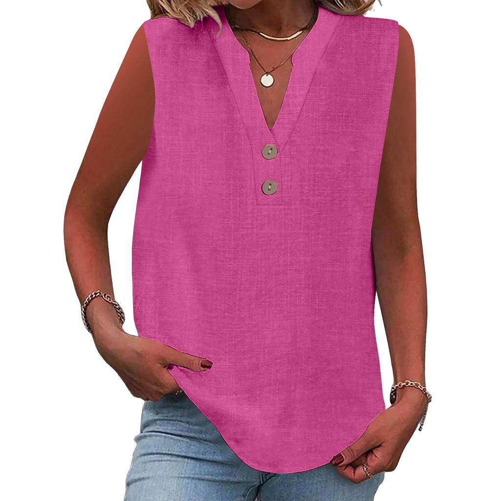 Women's Fashion Loose Standing Collar Button Cotton T-Shirt Solid Color Sleeveless Top
