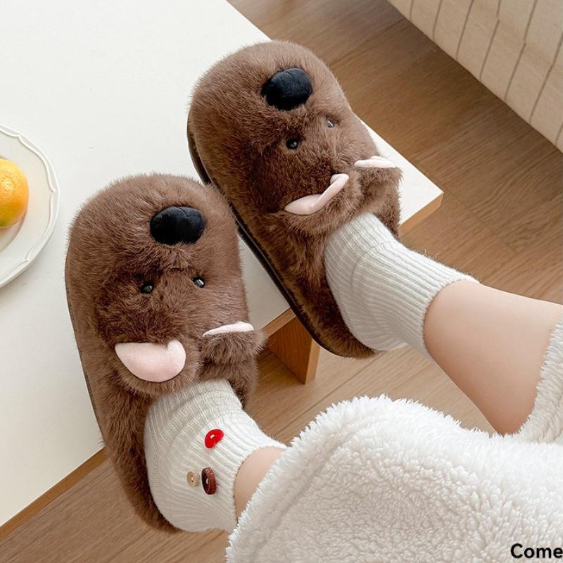 Fashion Cute Cartoon Dog Indoor Fluffy Slippers For Women Winter Platform Shoes Warm Faux Fur Thick Sole Female Home Floor Cotton Slides