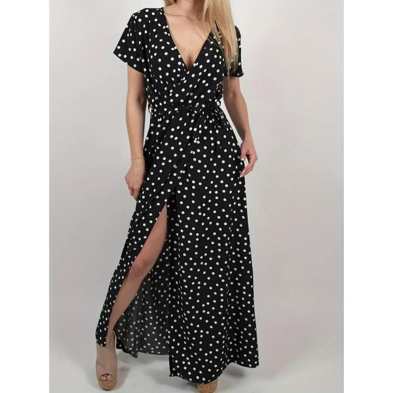 Stylish and sexy V-neck polka dot round neck waist split short-sleeved dress Bohemian long dress