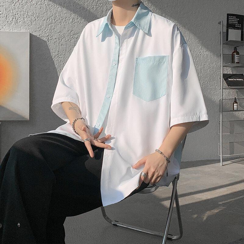 Contrasting Colors Striped Shirts Men's Clothing Stylish Patchwork Summer Turn-down Collar Loose All-match Short Sleeve Shirts