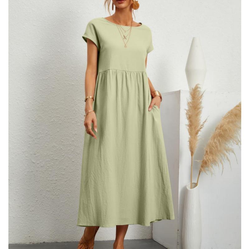 QICED Fashion Summer Spring Solid Color Print  Short Sleeve O-Neck Casual Dresses
