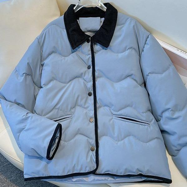 Small Fragrance Korean Version of Contrast Seam Cotton-padded Jacket Short Autumn and Winter Short Retro Lapel Thin Padded Jacket.