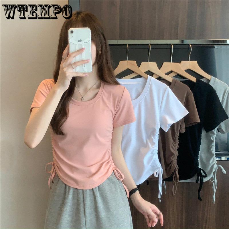 

Женские тонкие футболки с короткими рукавами и круглым вырезом на шнуровке, летние повседневные однотонные топы для девочек, женская одежда