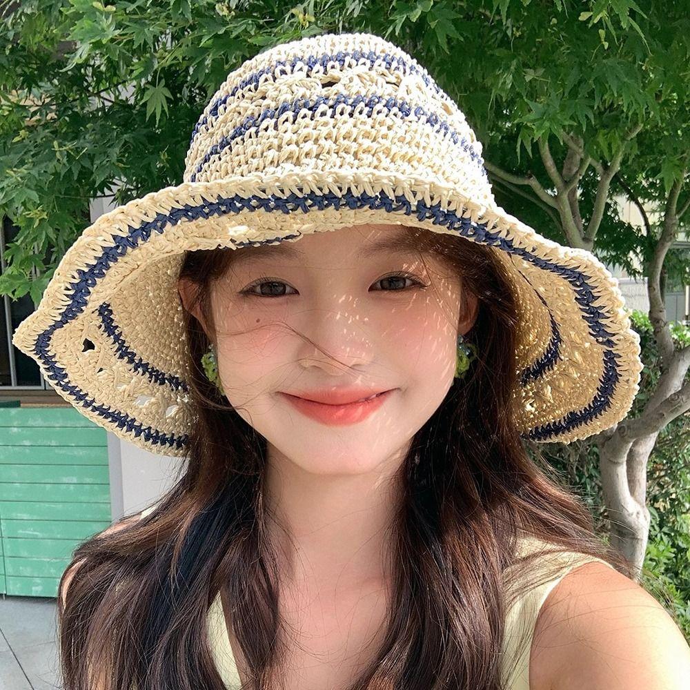 Handmade Weave Crochet Hat Summer Fisherman Caps Ins Straw Bucket Cap  Travel