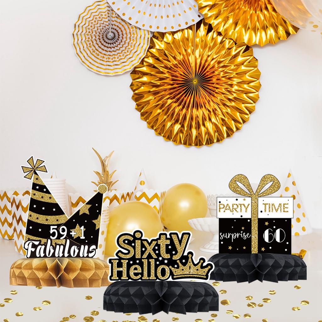 Party-Dekorationen zum 60. Geburtstag, schwarze und goldene Waben-Papier-Geburtstagsornamente, Festival-Dekorationen zum 60. Jahrestag