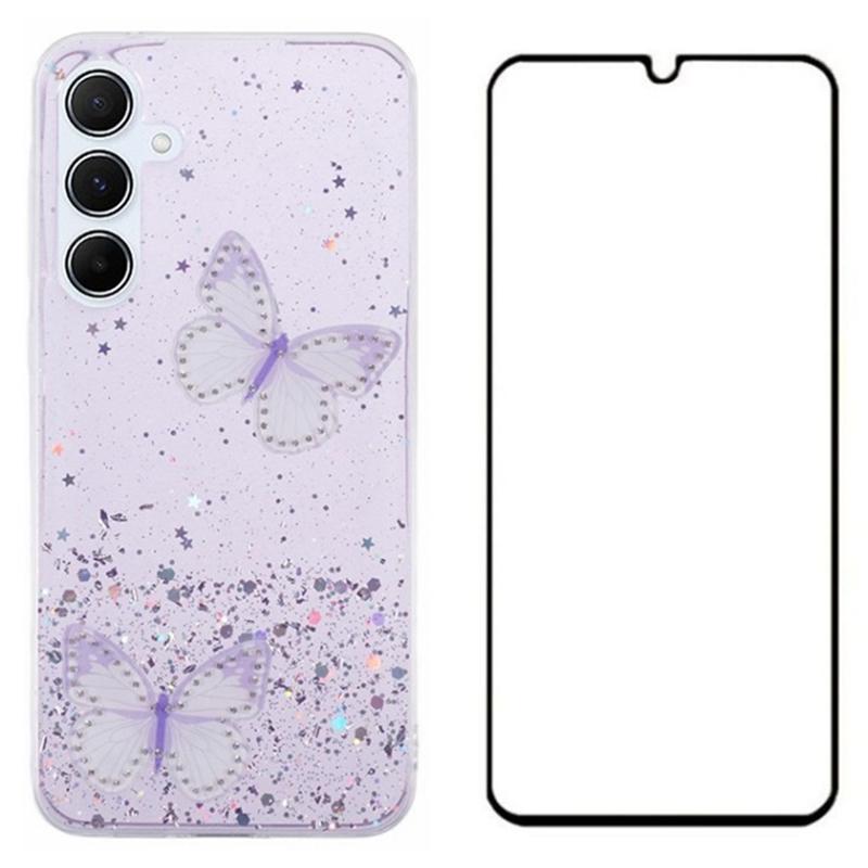 WANLONFENG AW Series for Samsung Galaxy A15 4G/5G Case 3D Butterfly TPU Glitter Phone Cover with Screen Protector