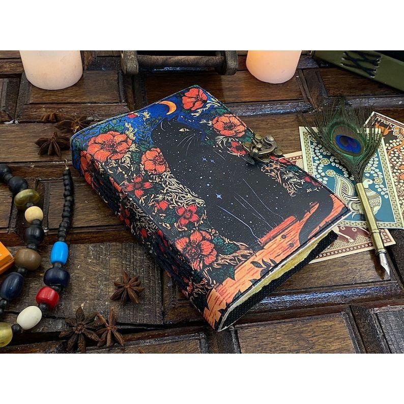Grimoire Celtic Cat Book of shadow Leather Journal Spell Book - Witch Wiccan Notebook Sketchbook Journal -Handmade Deckle Edge Paper