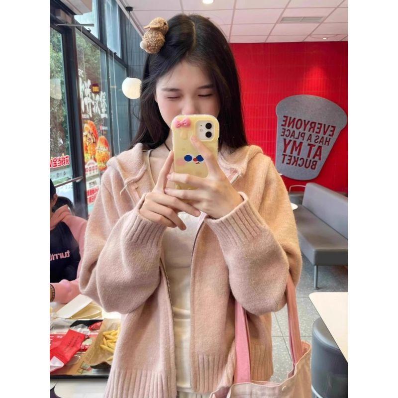 

Розовое пальто-свитер с капюшоном, нежное французское короткое Pink XL [Suggested 57.50 kg-65.00 kg]]