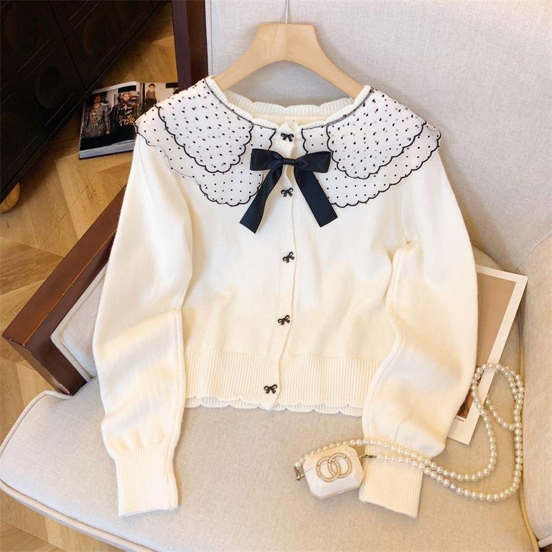 Autumn and winter knitted sweater lace stitching sweet bow sweater women's top