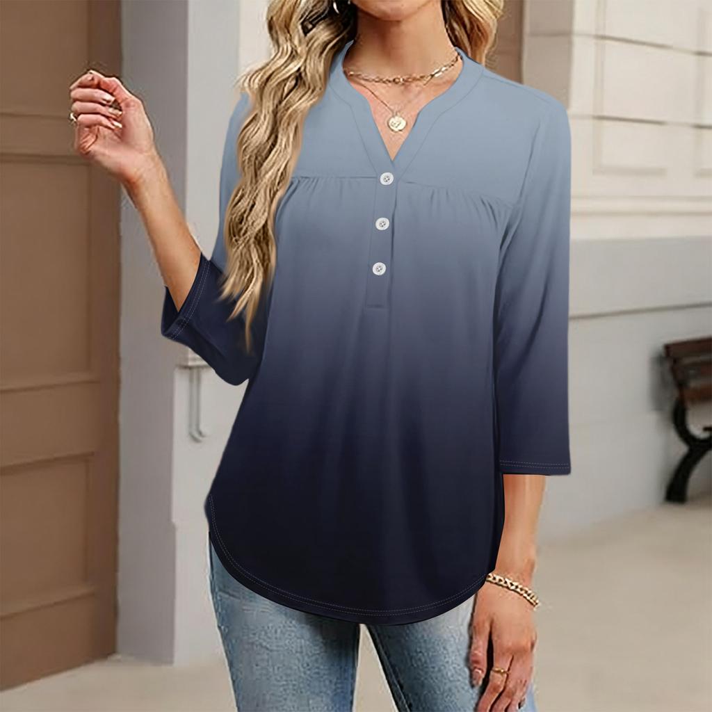 Modisches lässiges Damen-T-Shirt-Top mit Farbblock-Gradienten-Print, V-Ausschnitt, Knopfleiste und Dreiviertelärmeln