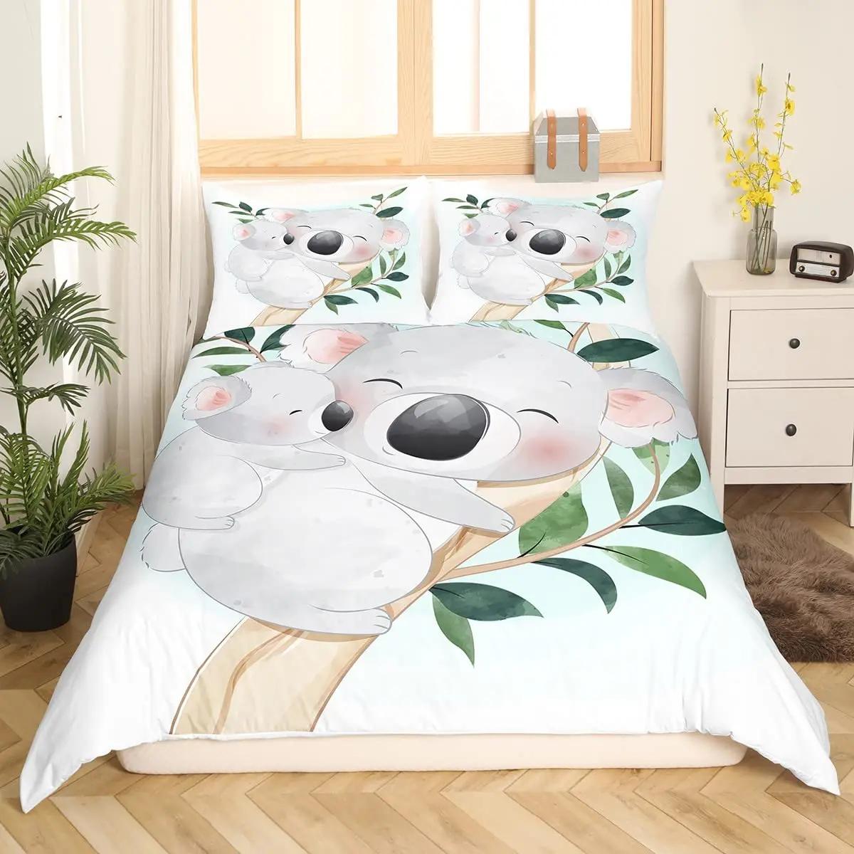 

Cute Koala Duvet Cover Twin SizePink Air Balloon Bedding Set Watercolor Flower Animals Comforter Cover Cartoon Quilt Cover AU Double(180*210cm)3pcs