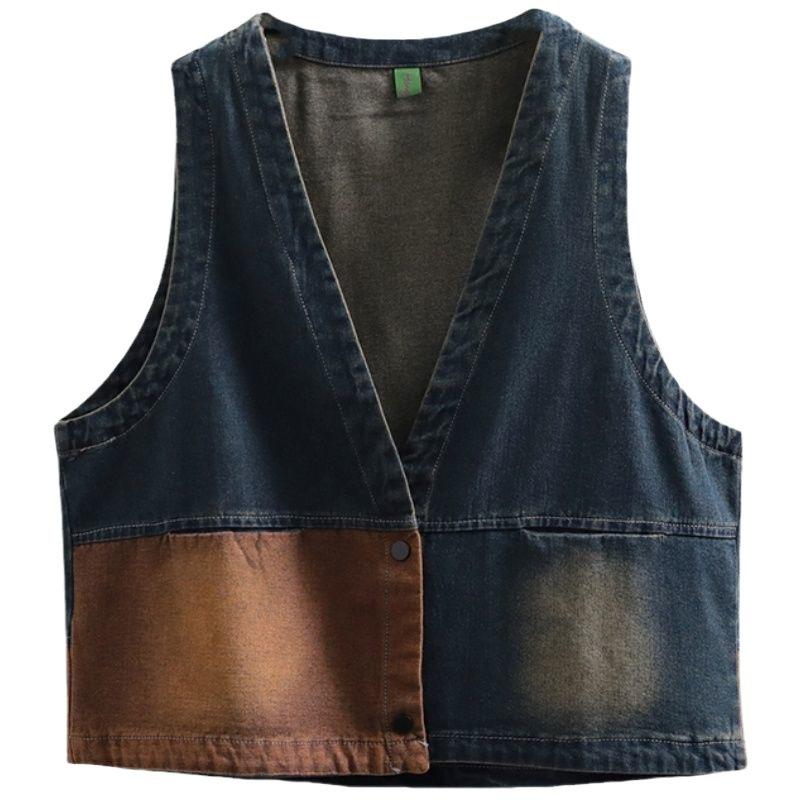 Korean Version Retro Denim Vest Spring and Summer Women's Clothing Loose Plus Size Coat Short Fashion Color Matching V Neck