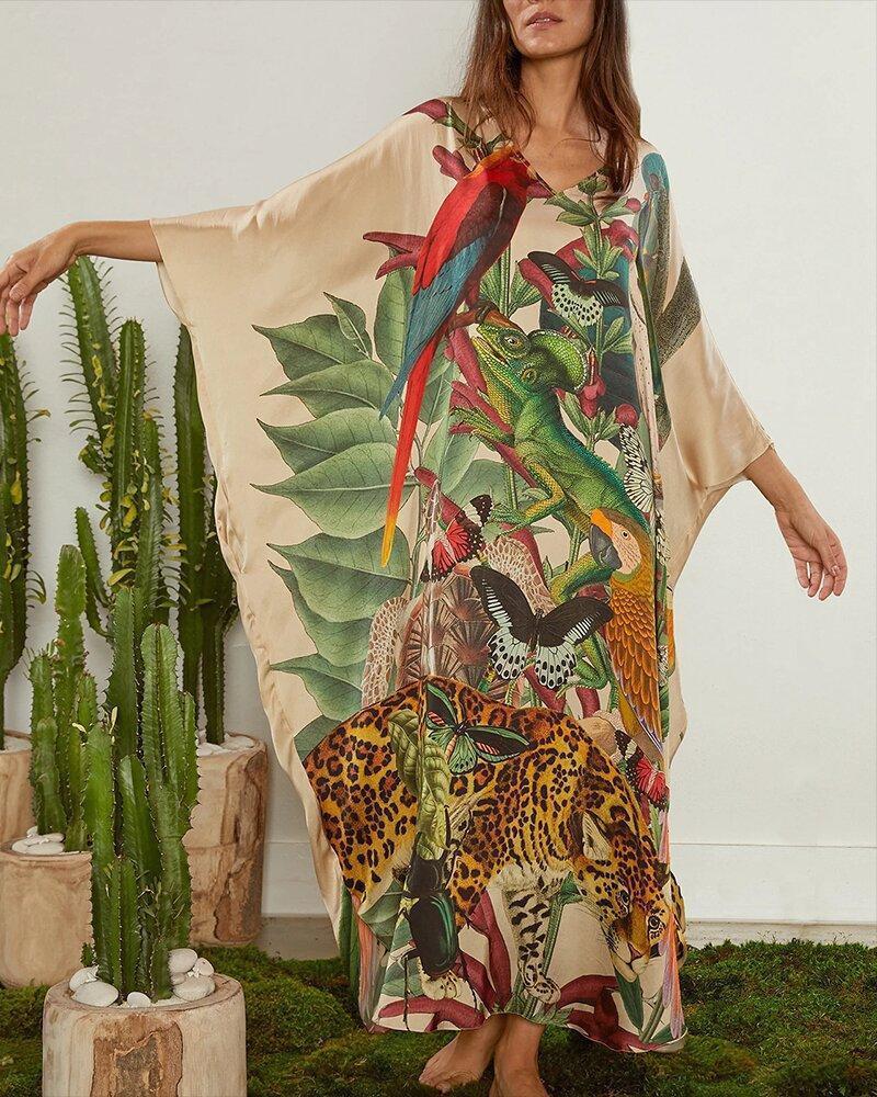 

Летнее женское свободное повседневное платье с длинным принтом и V-образным вырезом, 2020 One Size абрикосовый