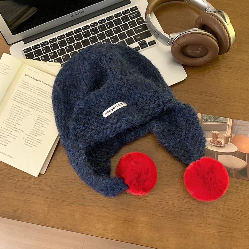 Cute green knitted hairball ear protection hat women's autumn and winter Korean flying hat wool hat warm Lei Feng hat tide