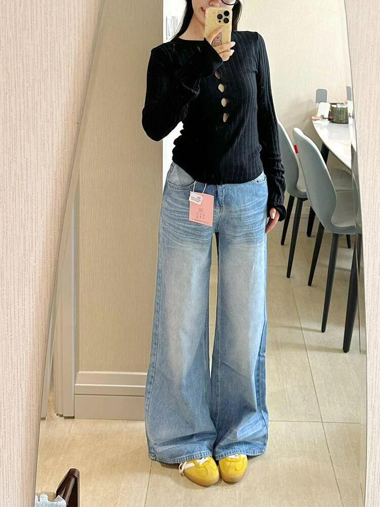 Plus Size High Waist Washed Wide Leg Jeans - Women s Slimming, Floor-Length, Straight Fit S синий