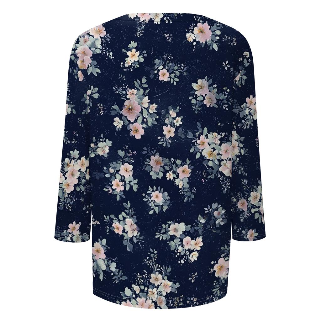 Women's Casual Floral Print Three Quarter Sleeve Crew Neck Top Lightweight Soft Fabric Comfortable Fit Daily Wear