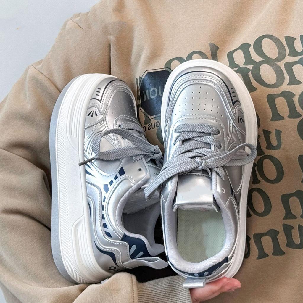 Campus Style 22 Autumn Leather Thick-soled Silver Sweet Muffin Bottom Lightweight Wear-resistant Board Shoes