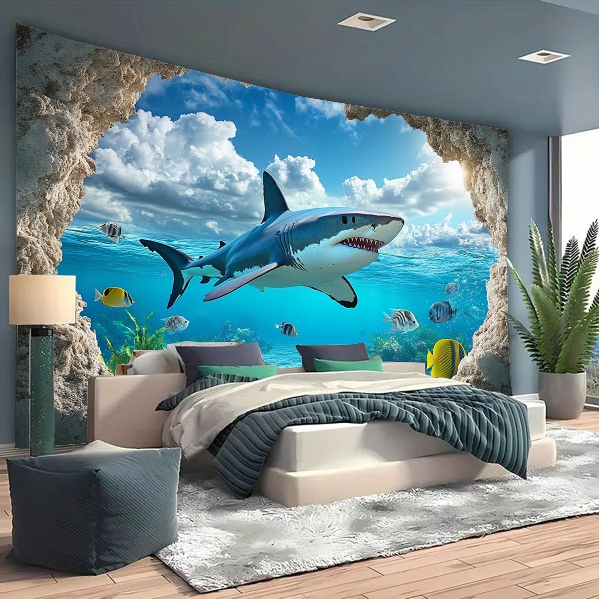 Tapestry blue ocean tropical shark 75x100 чёрный