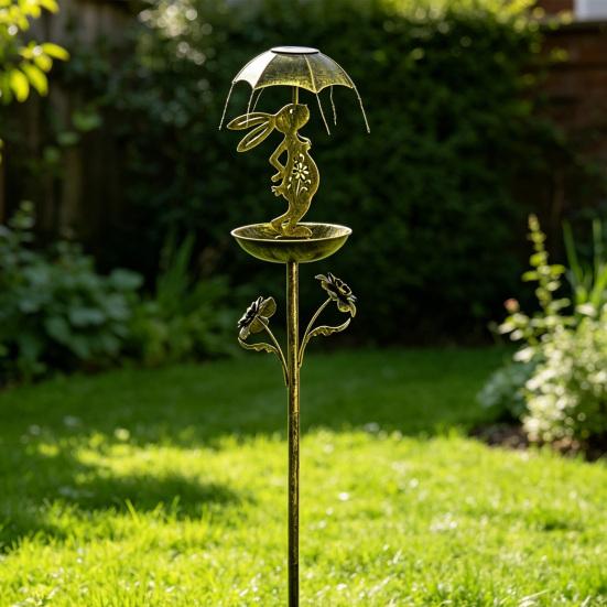 Bird Feeder with Solar Light Outdoor Decorative Garden Decor Wrought Iron Rabbit Holding Umbrella Anti-Rust Bird Feeder Stake for Yard Lawn Patio