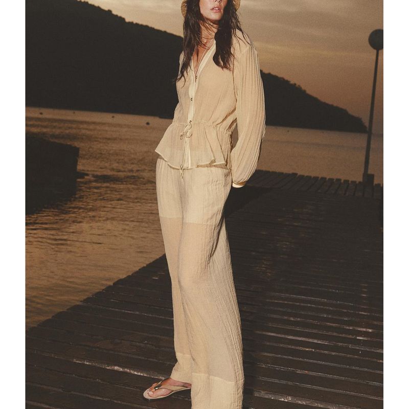 Round Neck Translucent Long Sleeves Shirt 3897106 Wrinkle Effect Translucent High Waist Loose Pants 3897206