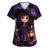 Women's V-Neck Short Sleeve Work Top with Pockets Halloween Print Caregiver Uniform