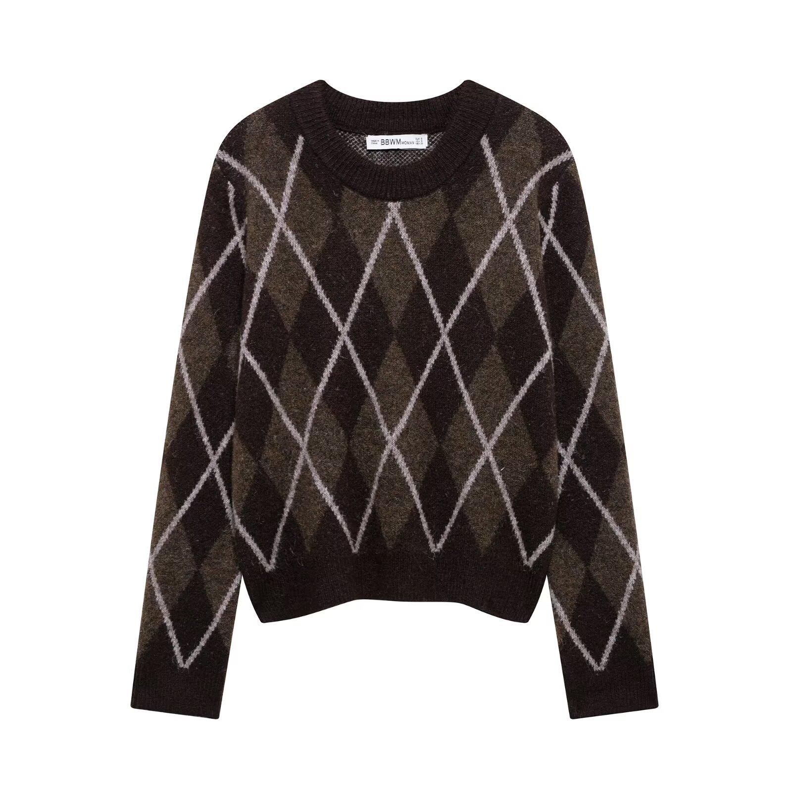 

Women s European & American Style Retro Long Sleeve Diamond Pattern Knitted Sweater S