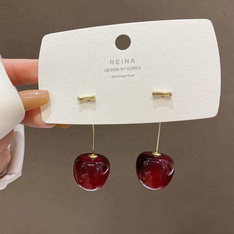 Sweet ins windmill cherries earrings women s S925 silver needle long red earrings Korean Dongdaemun earrings