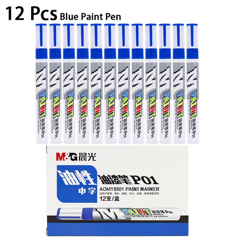 M&G 1/12 Pcs 2mm Black Blue Red White Silver Waterproof Paint Pen Oil-based Paint Car Scratch Repair Pen Auto Touch Up Paint Pen