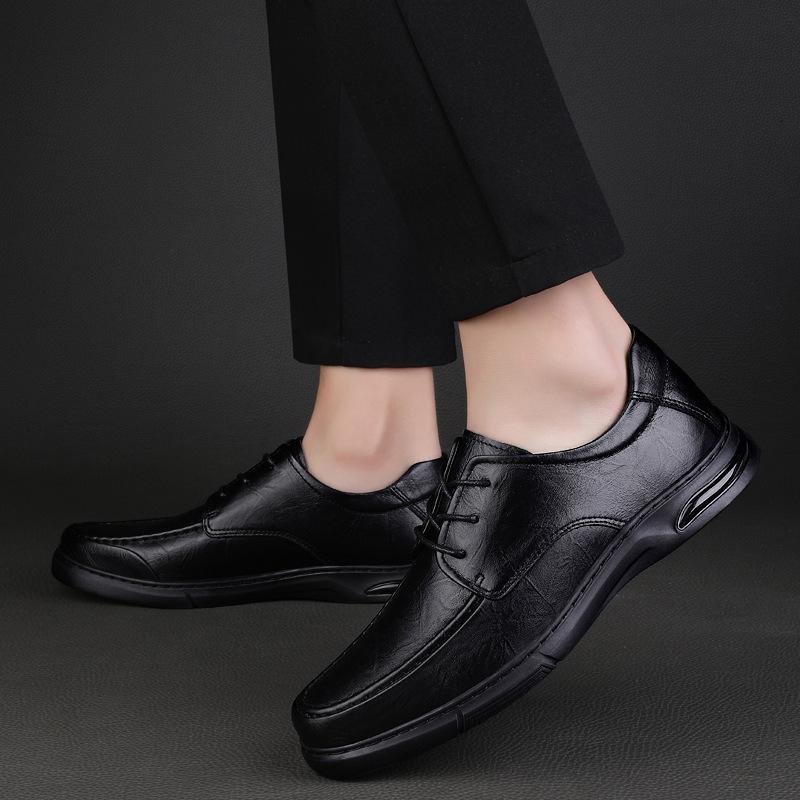 Men's round head first-layer cowhide casual shoes front lace-up flat heel shallow mouth business dress work versatile leather shoes