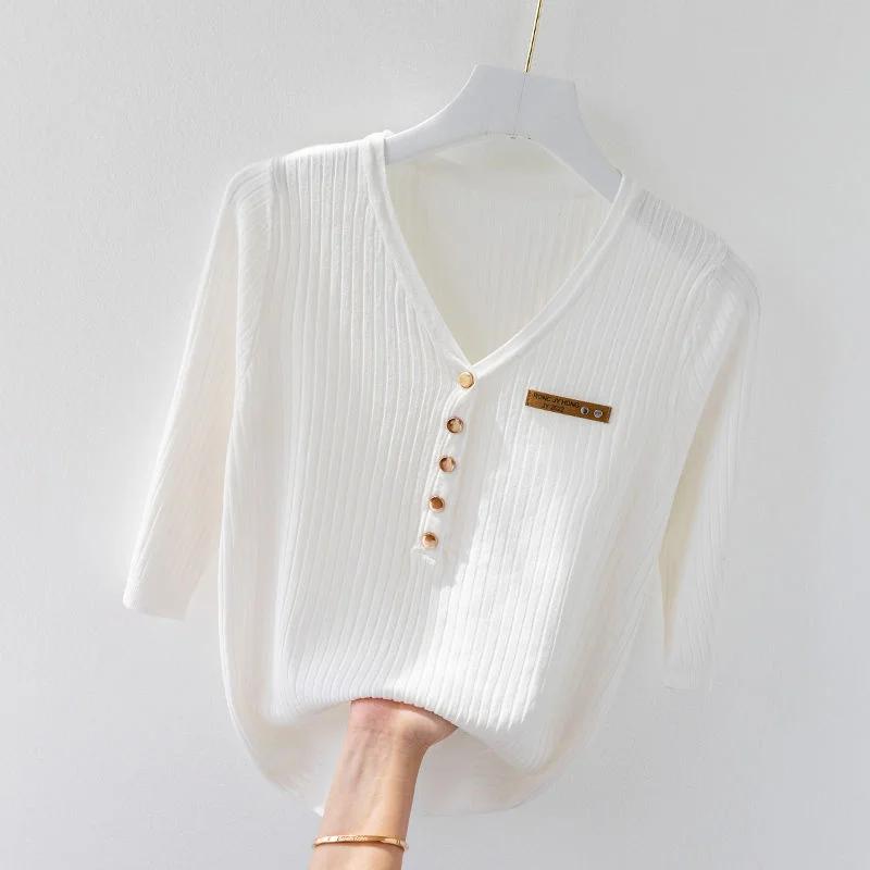 Blusa da Donna a Maglia Costinata Casual Scollo a V Manica Corta Top Decorato con Bottoni