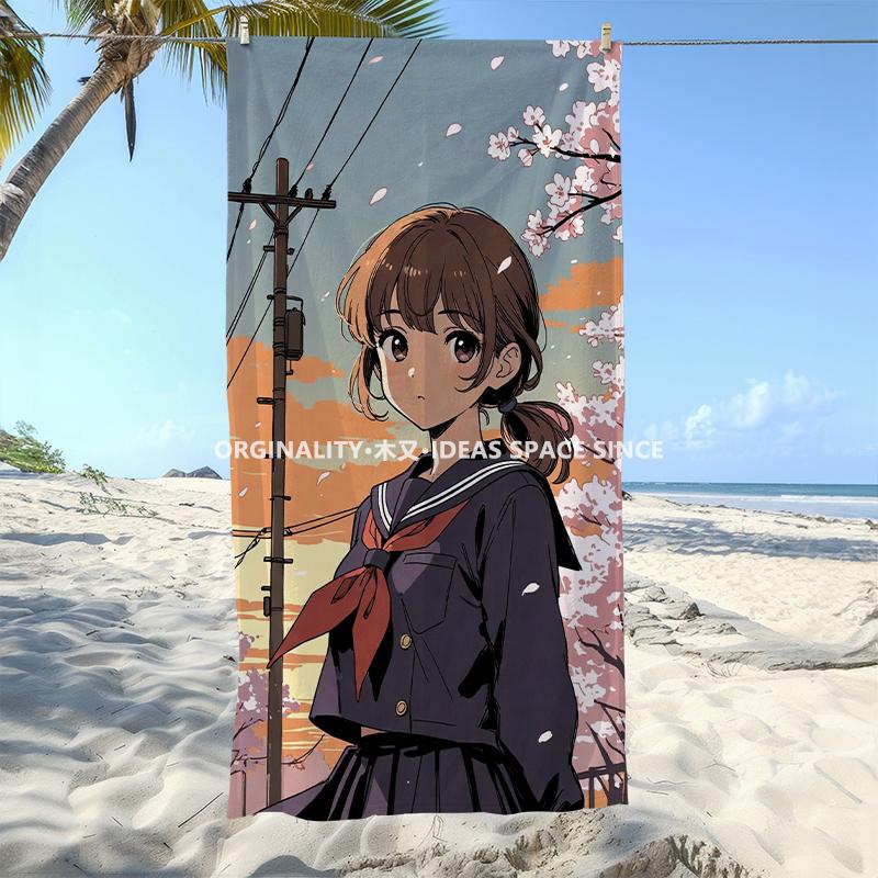 Sakura Girl Sunset Beach Towel Patterned Sunscreen And Windproof Suitable For Swimming Pool Camping Travel Blanket