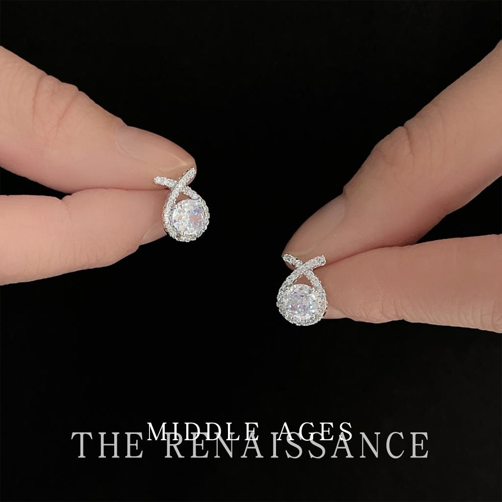 Micro-inlaid zircon cross earrings retro French stud earrings light luxury earrings women