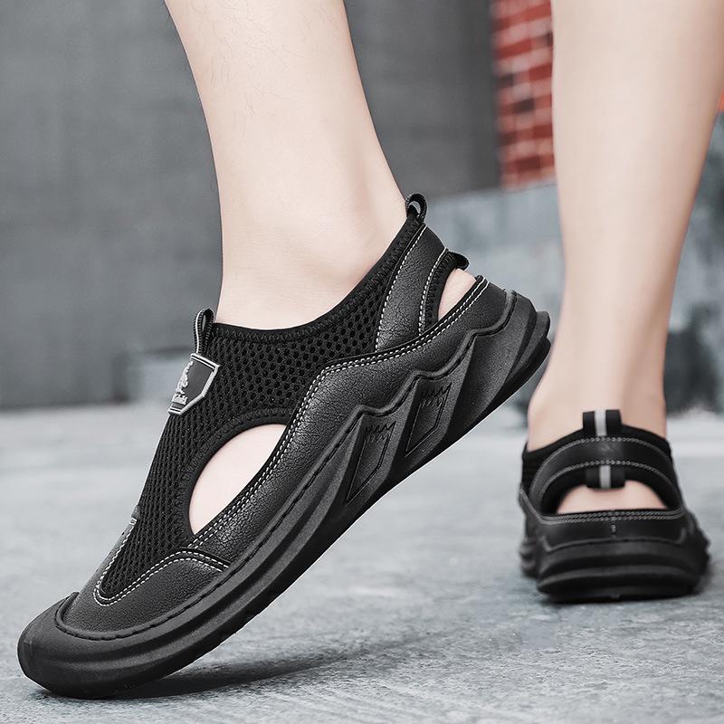 Men's 2024 Summer Genuine Leather Mesh Sandals - Breathable Soft Sole Casual Beach Shoes
