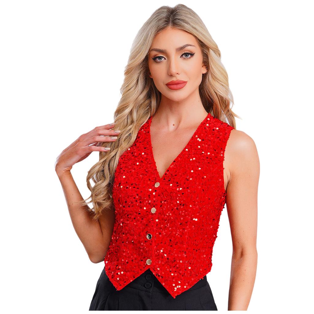 Women Sparkly Sequin Vest Sleeveless V-neck Irregular Hem Party Top for Cocktail Banquet Nightclub Summer