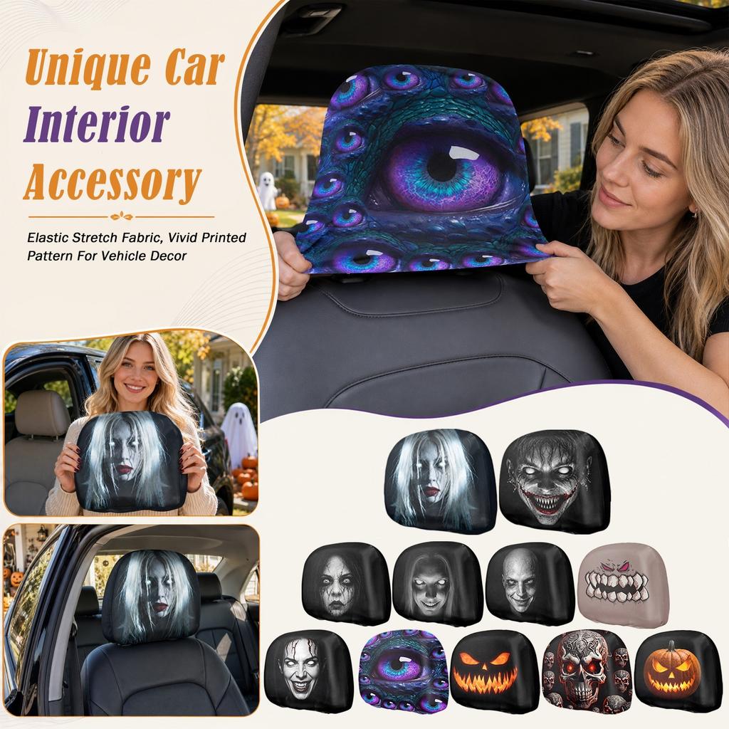 Halloween Car Headrest Cover with Scary Pattern - Printed Headrest Protector for Car Interior Decor
