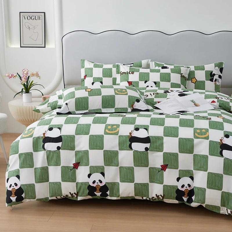 Comforter Cute Cartoon Panda Twin Queen 100% Cotton Kawaii Star Comforter 3 Pcs Soft Reversible Green Plaid Bedding Set