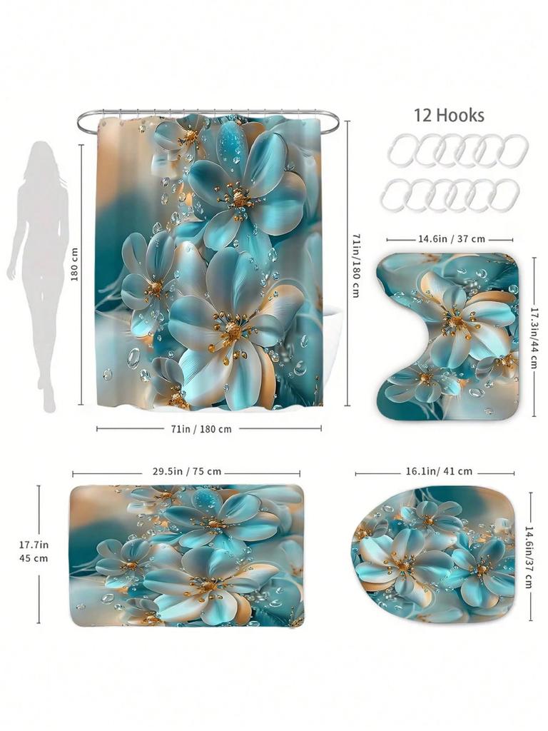 4 Pcs Elegant Blue And White Floral Printed Shower Curtain, Apartment Bathroom Shower Curtain Set, Hotel Bathroom Curtain
