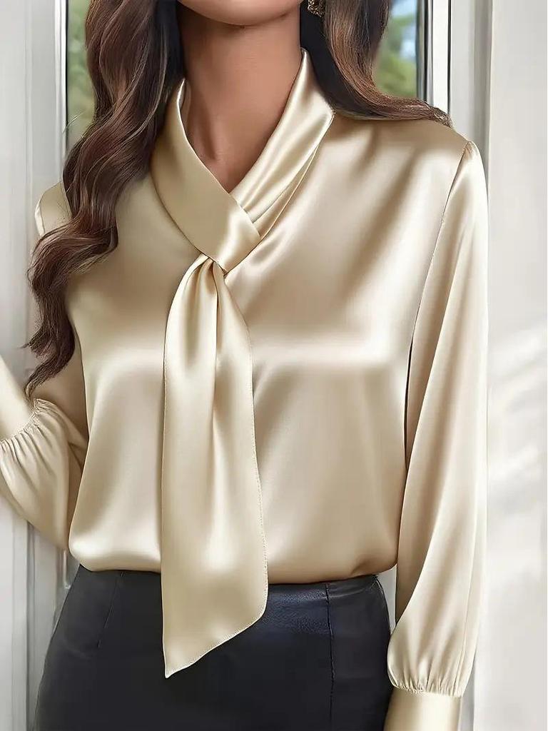 2025 Ribbon Long Sleeve Solid Color Fashion Shirt for Women