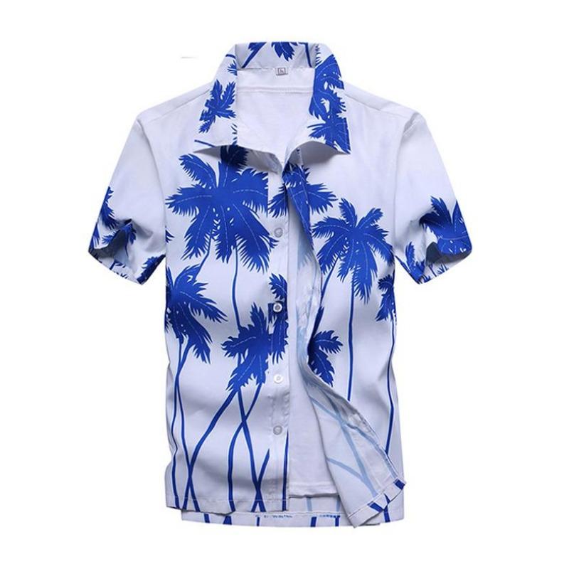 Sommer Herren Hawaiian Casual Kragen Hemden Kurzarm Button Coconut Tree Print Strand Floral Mode Vintage Kleidung XL blue